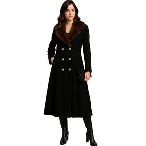Elegant Black Trench Coat with Brown Collar